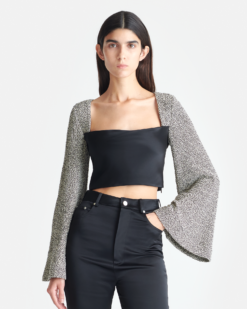 Tasula - Szatén és Hullámos Pamut Felső - Fekete/Mulin