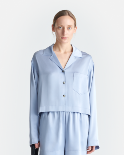 Vally - Rövidített, Slip-On szatén ing - Jégkék